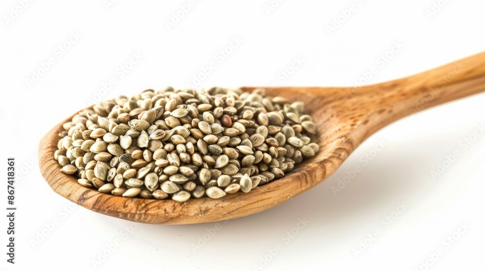 A simple wooden spoon filled with seeds placed on a clean white surface A simple wooden spoon filled with seeds placed on a clean white surface