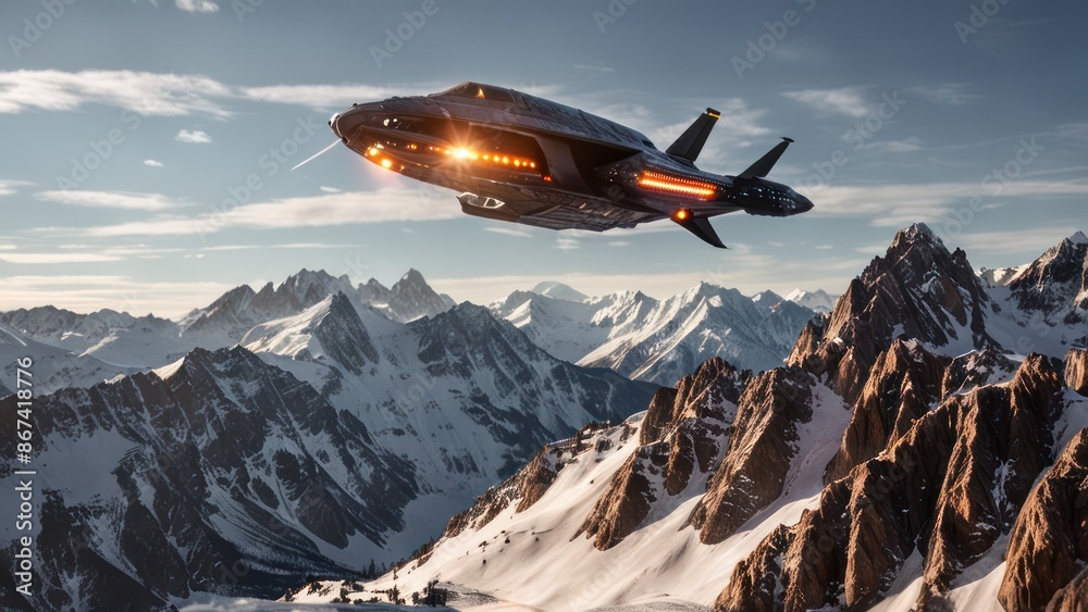 Fototapeta premium a spaceship flying over a snowy mountain range