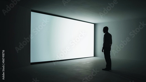 person silhouette in an exhibition room, man standing in front of a blank canvas, a modern mockup design for advertising, looking paint art concept, gen by AI. © Unslux