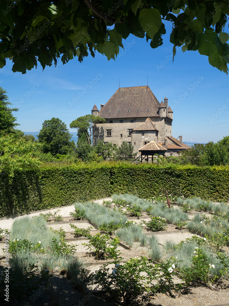 Chateau d'Yvoire seen across the 5 Sense Garden Chateau d'Yvoire seen across the 5 Sense Garden