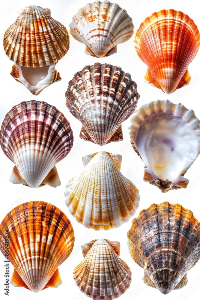 A collection of various seashells arranged on a white surface