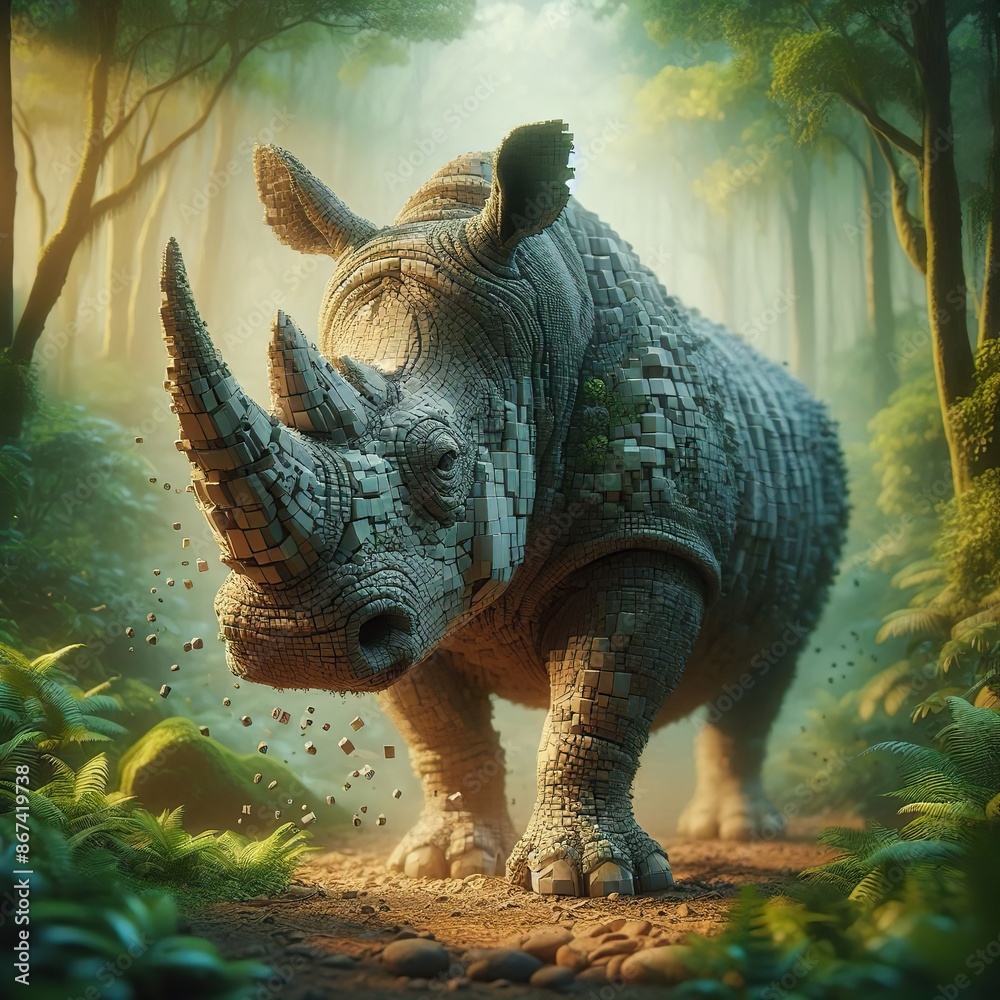 Fototapeta premium a hyperrealistic picture of a rhinoceros that looks normal at the front but falls apart in little cubes