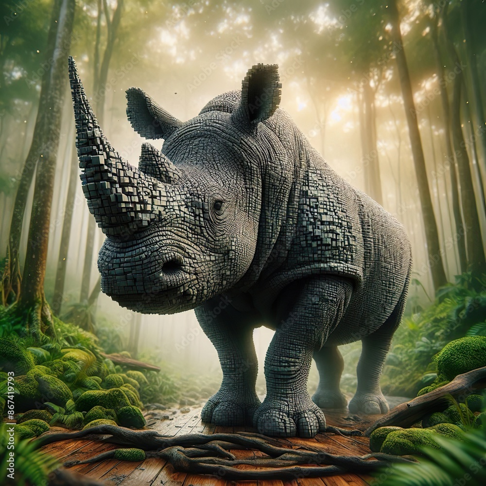 Fototapeta premium a hyperrealistic picture of a rhinoceros that looks normal at the front but falls apart in little cubes