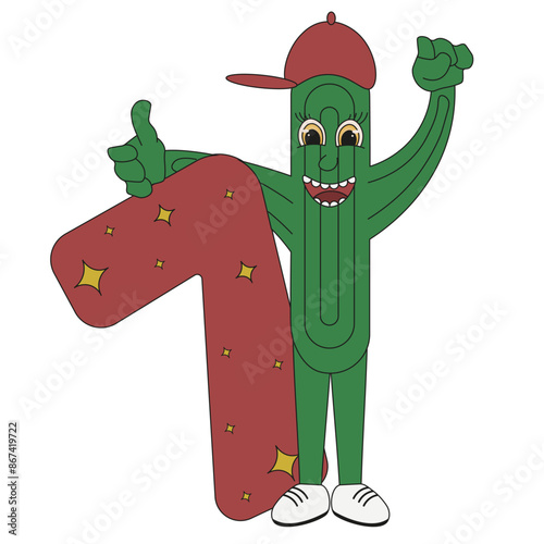 Mexican template of seventh Birthday party invitation with cute Groovy cactus. Simple 7 and flat cacti isolated white background. Pastel colors vector illustration. Editable stroke.
