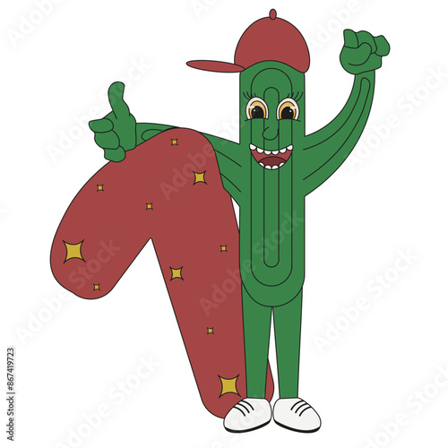 First mexican Birthday party invitation template. Cute Groovy style cactus and 1 number isolated white background. Vector illustration can used greeting banner, poster, postcard design cover print. 