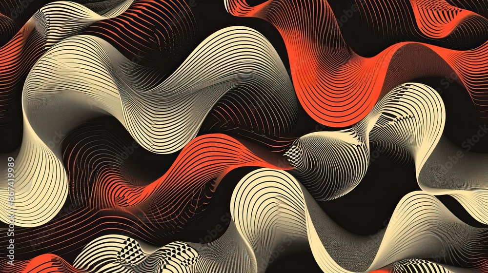 Abstract digital art featuring flowing lines and waves in red, beige ...
