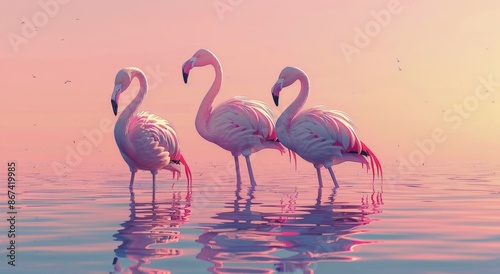 Three Pink Flamingos Feeding in a Calm Lake at Sunset