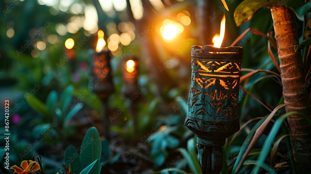 Fototapeta premium Several lit candles illuminate a serene garden setting.