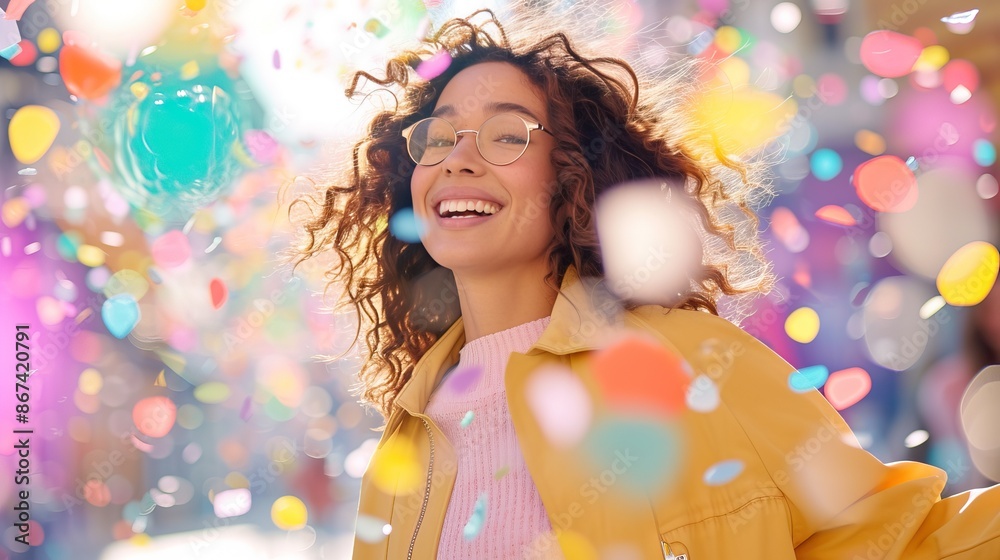 A joyful woman with curly hair and glasses, wearing a yellow jacket, smiles amidst colorful confetti in an outdoor setting.