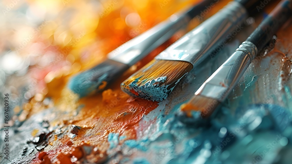 Naklejka premium Assorted paint brushes arranged on a palette, ready for artistic creation.