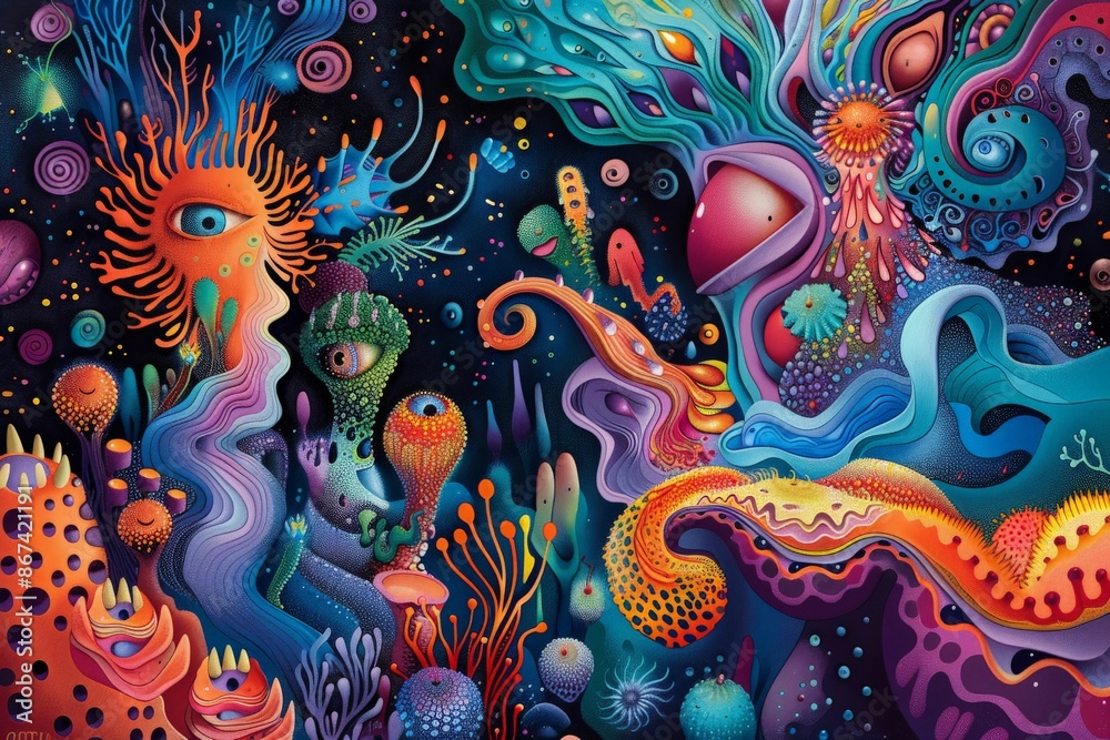 A vibrant and surreal abstract painting featuring cosmic creatures, colorful shapes, and imaginative designs in a fantastical universe. A vibrant and surreal abstract painting featuring cosmic creatures, colorful shapes, and imaginative designs in a fantastical universe.