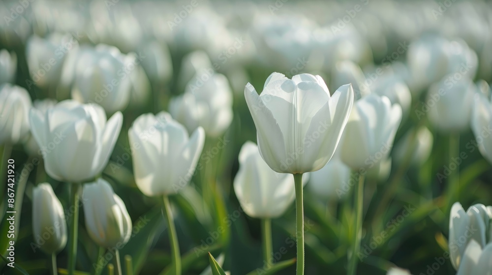 Beautiful white tulips in a field in close up Beautiful white tulips in a field in close up