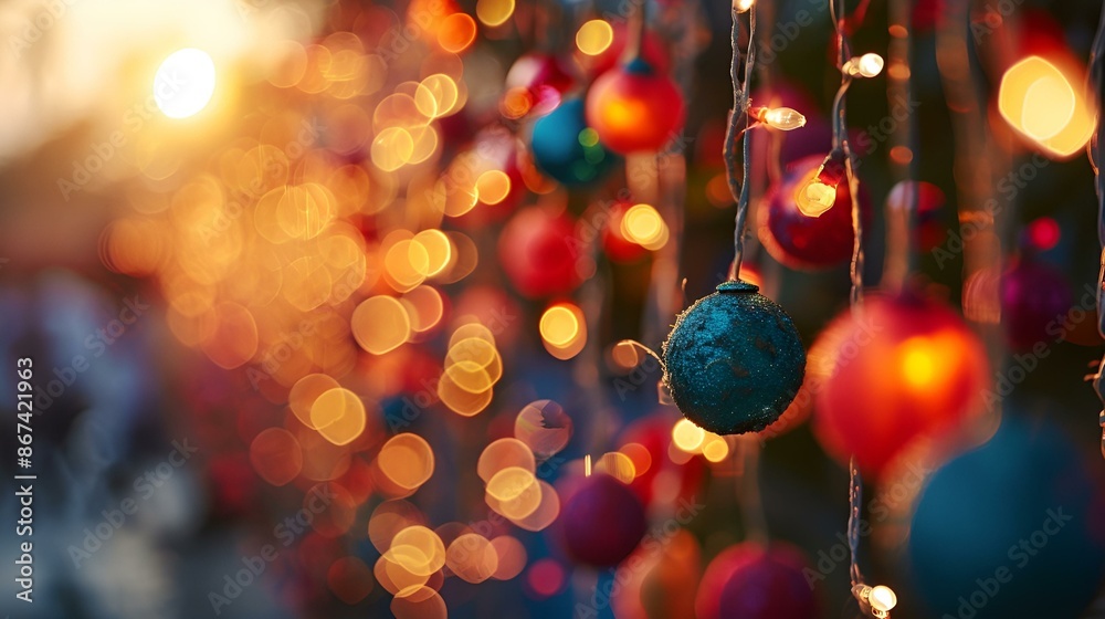 Colorful Christmas lights hanging from a string, adding festive cheer to the holiday season. Colorful Christmas lights hanging from a string, adding festive cheer to the holiday season.