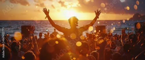 Large Crowd Enjoying Sunset Music Festival on Beach