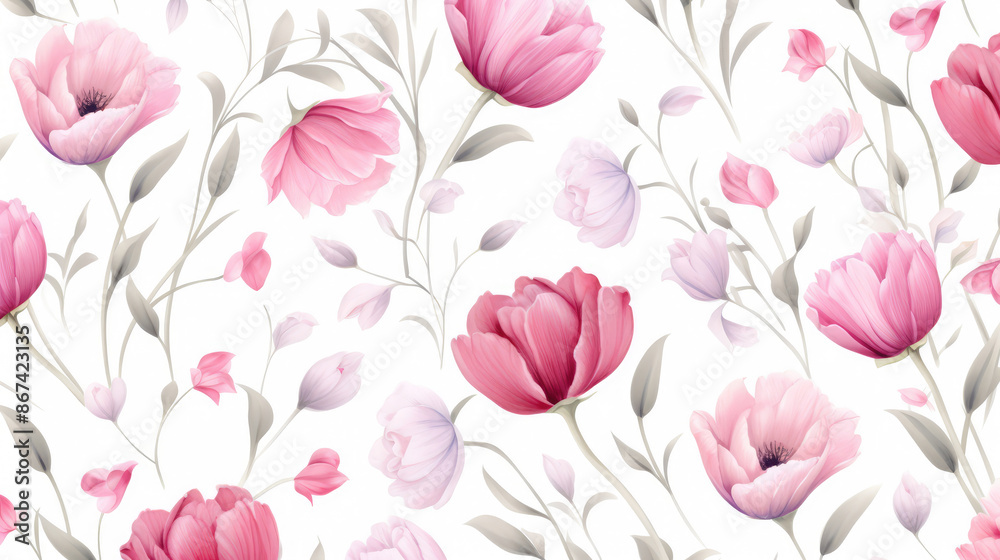 Seamless wedding floral pattern with delicate tulip flowers on a white background. Floral repeat pattern with elegant flowers for fabrics, wedding invitations, wallpapers, banners, generative ai Seamless wedding floral pattern with delicate tulip flowers on a white background. Floral repeat pattern with elegant flowers for fabrics, wedding invitations, wallpapers, banners, generative ai