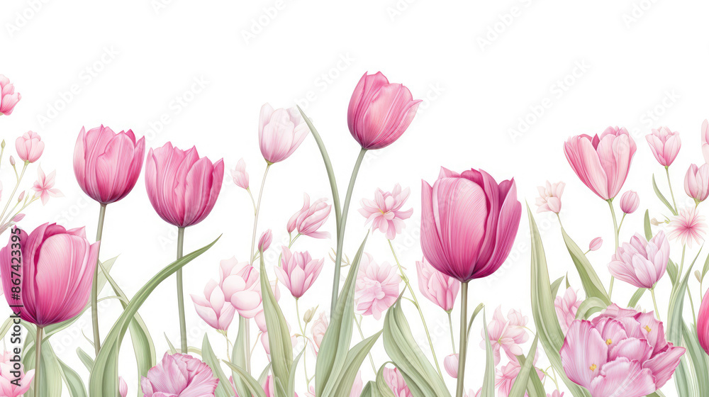 Seamless floral border with elegant tulip flowers on transparent background. Seamless repeat vertical pattern for wedding invitation, poster, anniversary, generative ai Seamless floral border with elegant tulip flowers on transparent background. Seamless repeat vertical pattern for wedding invitation, poster, anniversary, generative ai