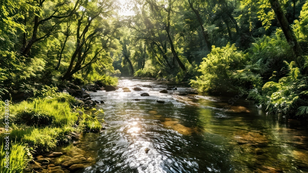 Naklejka premium a river surrounded by lush green trees on a sunny day