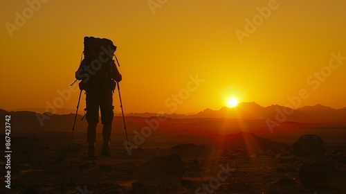 A hiker's silhouette against the setting sun in the desert.