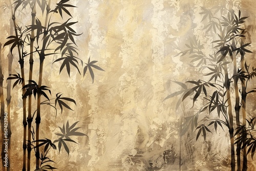 Delicate bamboo leaves and tree silhouettes painted in a traditional Chinese style ink wash with a brown palette, set against a textured background