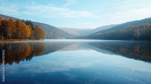 A quiet lake mirroring a radiant horizon devoid of any individuals