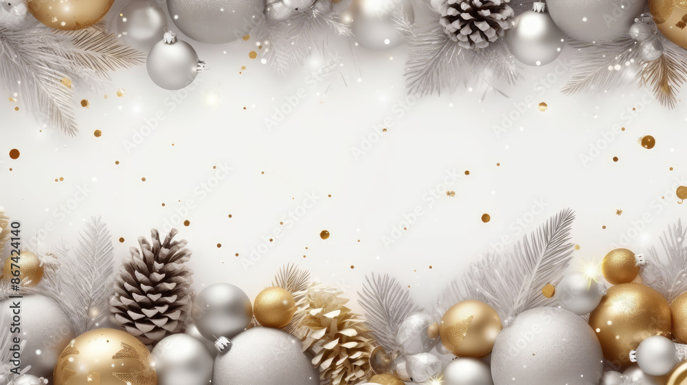 Luxury seamless gold background. Christmas and New Year holiday horizontal frame, banner. fir branches, silver baubles, snowflakes, pine cones . For celebration banners, generative ai Luxury seamless gold background. Christmas and New Year holiday horizontal frame, banner. fir branches, silver baubles, snowflakes, pine cones . For celebration banners, generative ai