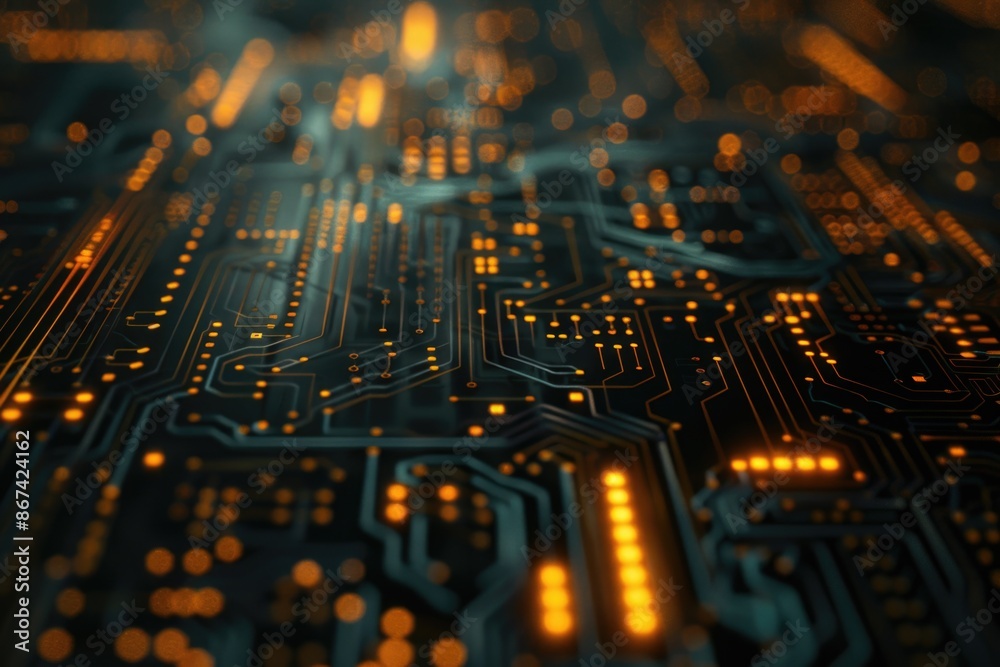 A close-up view of a computer circuit board with various components and wires A close-up view of a computer circuit board with various components and wires