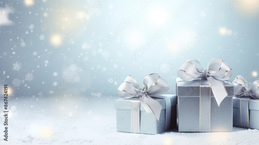 Gift box on white snowy background with sparkling snowflakes. Gift boxes with ribbon and bow in vintage style. Christmas and New Year celebration concept., generative ai Gift box on white snowy background with sparkling snowflakes. Gift boxes with ribbon and bow in vintage style. Christmas and New Year celebration concept., generative ai