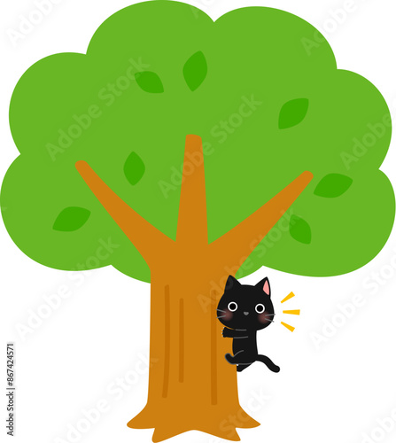 木の幹にしがみつく黒猫、木登り