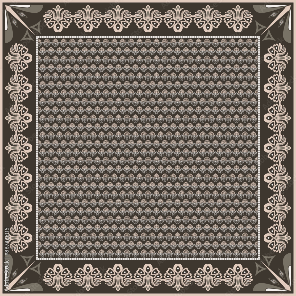 Obraz premium Hijab scarf flower abstract pattern.Ethnic geometric ornament with frame motif border hijab pattern.Design for fabric,print,scarves,shawl,kerchief,bandana,clothing,pareo,pillows,tablecloth,decoration.