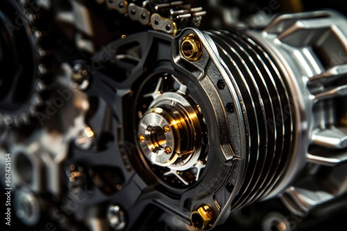 A detailed view of a motorcycle engine, great for automotive or technology-related uses