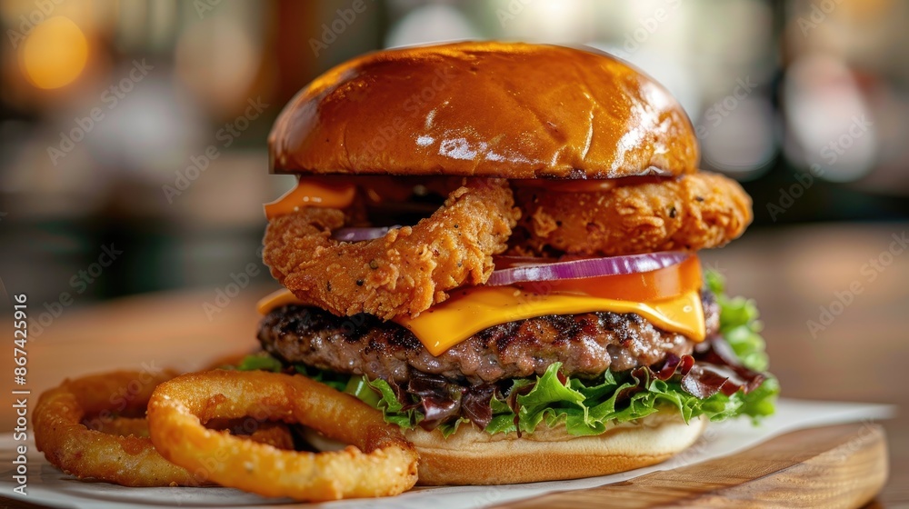 Fast food cheeseburger with onion rings and chicken Fast food cheeseburger with onion rings and chicken