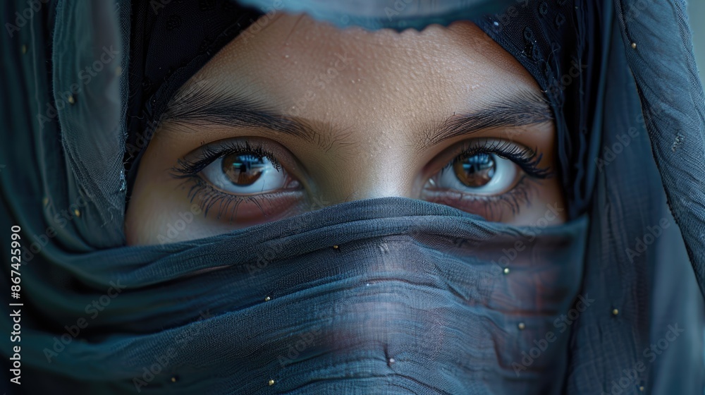A close-up shot of a person wearing a veil, providing a sense of mystery and intrigue A close-up shot of a person wearing a veil, providing a sense of mystery and intrigue