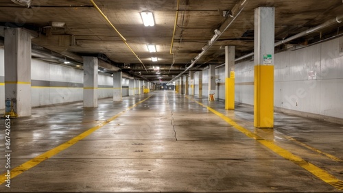an empty parking garage with yellow lines on the floor