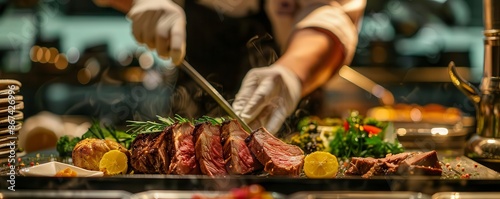 A chef in white gloves is carving a juicy prime rib roast.