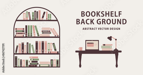 本棚とパソコンある背景イラスト _( ベクター 素材 シンプル フラット デザイン 勉強 スキルアップ 読書 作業 配色 秋 冬 かわいい 落ち着いた )