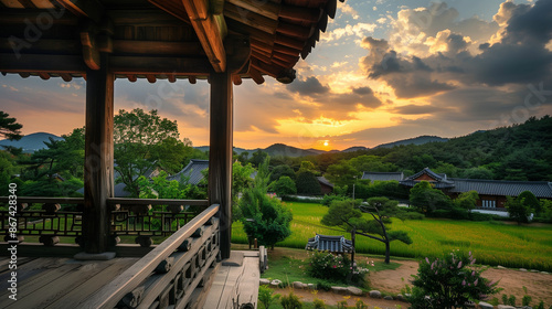 sunset at the temple, Aesthetic landscape, rural rice field viewed from a traditional Korean house's veranda