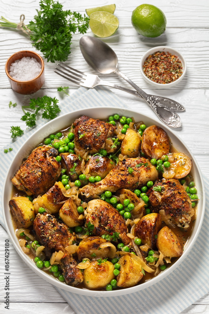 Chicken Vesuvio in a baking dish, top view Chicken Vesuvio in a baking dish, top view