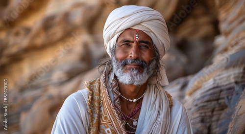 Smiling Indian Man Wearing a White Turban in Front of a Rocky Outcropping