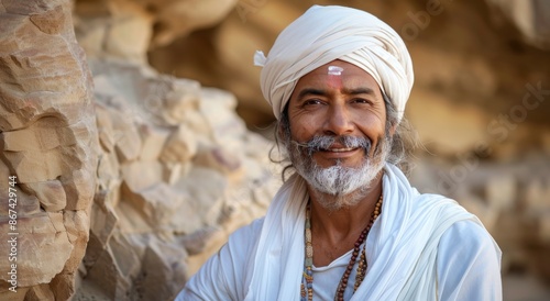 Smiling Indian Man Wearing a White Turban in Front of a Rocky Outcropping