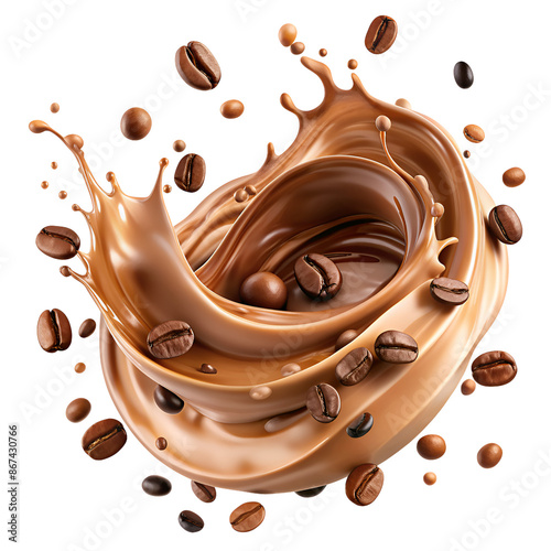 Liquid fluid element flowing in form of wave. Coffee with milk brown liquid swirl splash and little bubbles with falling coffee Beans isolated on transparent png background.
