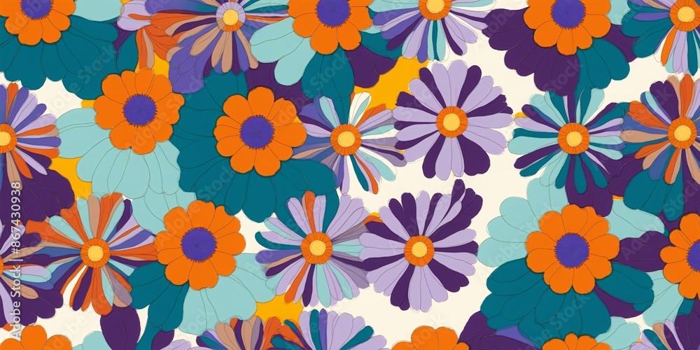 Retro Floral Pattern with Orange, Purple and Teal Flowers. Retro Floral Pattern with Orange, Purple and Teal Flowers.