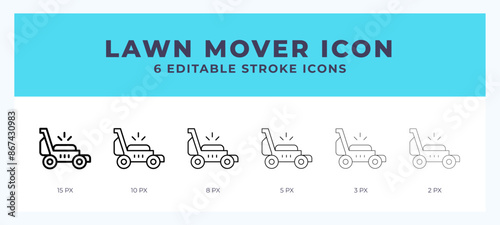 Lawn mower lineal icon symbol vector. Black outline for web. App. Presentation and more.