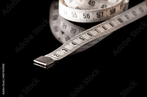Measuring tape isolated on black background with copy space
