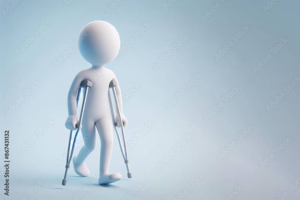 A man walking on crutches. Space for text. A man walking on crutches. Space for text.