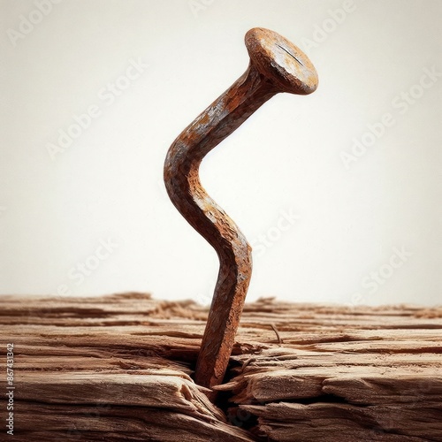 A rusty, crooked nail stuck in a wooden board.