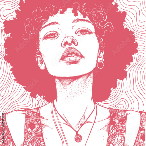 Young brunette woman with a feminine face and curly hair, vector illustration
