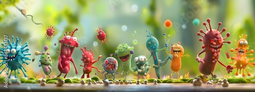 4. Produce a cute and lively scene featuring a collection of animated virus characters, each engaged in cheerful activities like dancing and playing instruments. photo