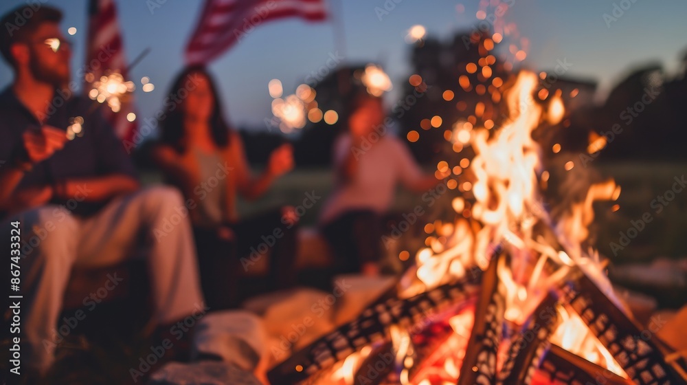 American Independence Day Gathering Around Bonfire American Independence Day Gathering Around Bonfire