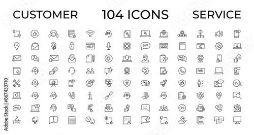 Customer service icon set. Containing customer satisfied, assistance, experience, feedback, operator and technical support icons. Thin outline icons pack.
