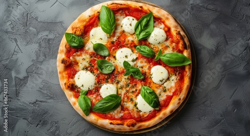Freshly Baked Margherita Pizza With Basil and Mozzarella Cheese on Black Back...